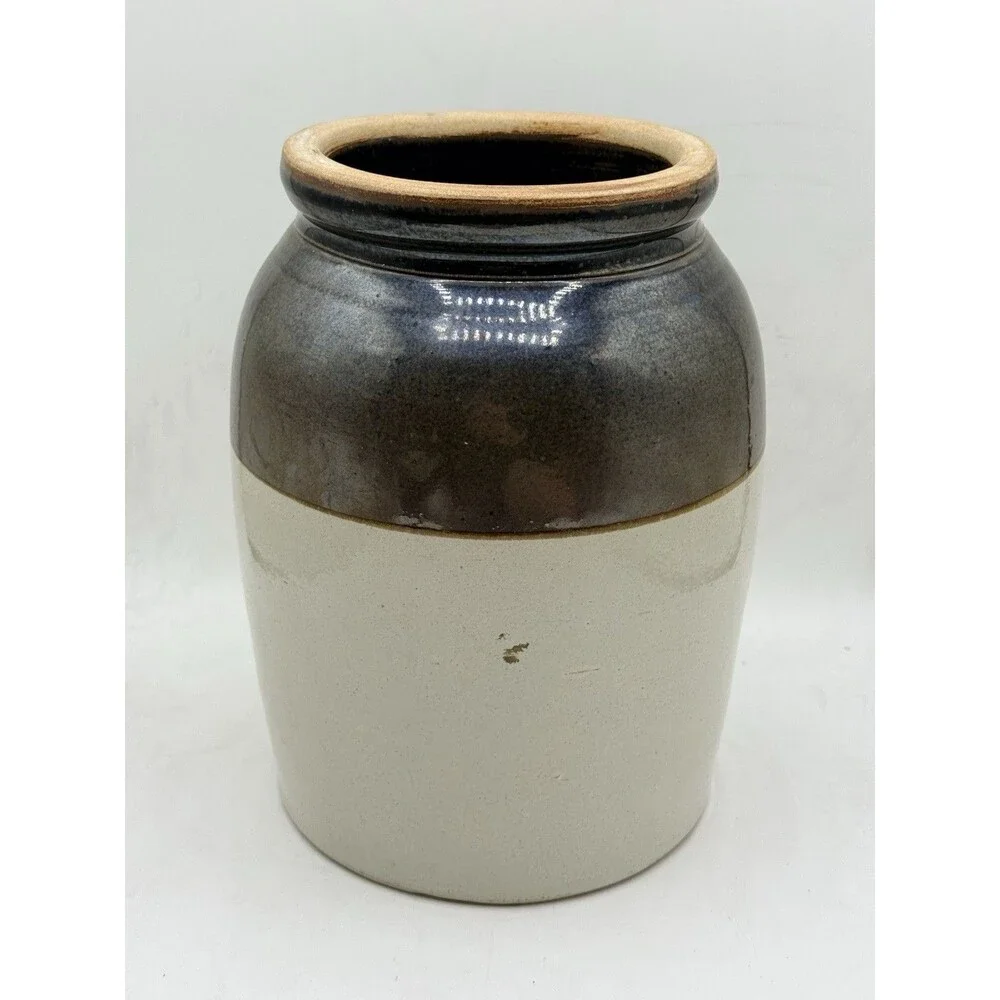 Antique Salt Glazed Two Tone Beige & Brown Stoneware Crock Jar 9.5” Tall